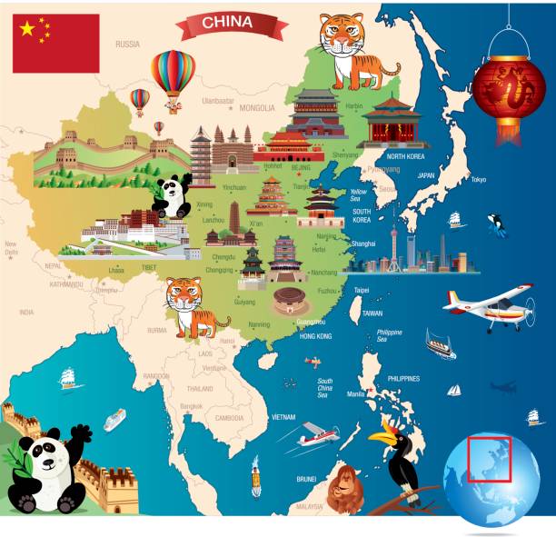 ilustrações, clipart, desenhos animados e ícones de mapa de cartoon china - terracotta power famous place chinese culture