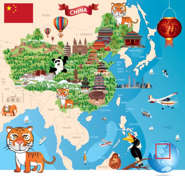 ilustrações, clipart, desenhos animados e ícones de mapa de cartoon china - terracotta power famous place chinese culture