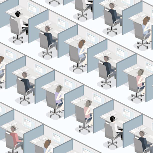 trung tâm cuộc gọi nội thất 3d phẳng isometric. hỗ trợ khách hàng. - office cubicle hình minh họa sẵn có