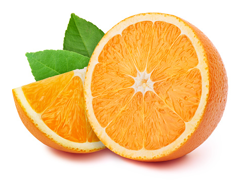 Perfectly retouched half of the orange with slice and leaves isolated on white background with clipping path