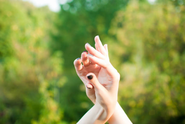 istock Girl's soft and tender beautiful hands and forest 672616838