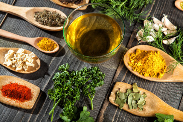 istock Various spice on wooden spoons with herbs 672623180