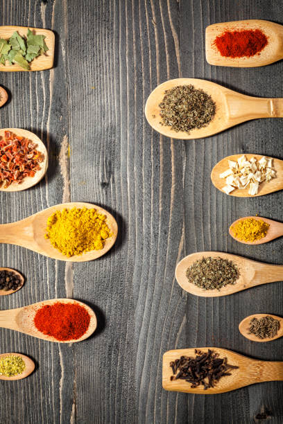 istock Various spice on wooden spoons with herbs 672623370