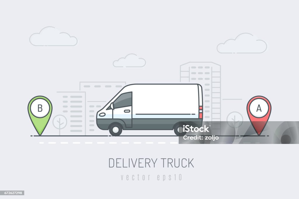 Delivery Van White delivery van vehicle traveling route with red and green location marker in the city . Vector illustration in line art drawing style Van - Vehicle stock vector