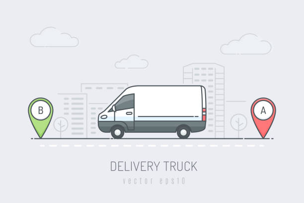 Delivery Van White delivery van vehicle traveling route with red and green location marker in the city . Vector illustration in line art drawing style van vehicle stock illustrations