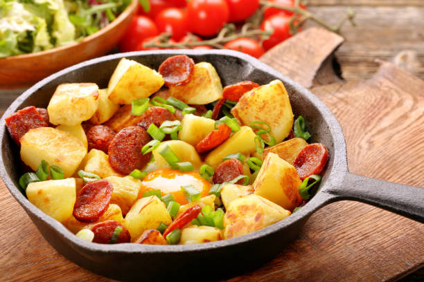 istock Baked potatoes with sausage chorizo 672630046
