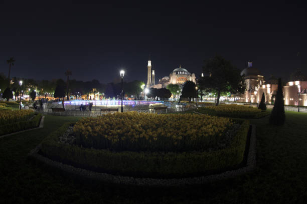 istock Tulip carpet with geometric patterns at Sultanahmet square in Istanbul, with people. 672642854