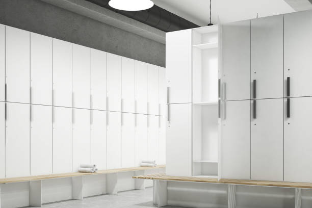istock Locker room with open door, corner 672657342