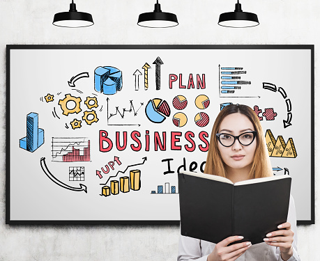 Portrait of an Asina woman wearing glasses and reading a book while standing near a whiteboard with a colorful business idea sketch.