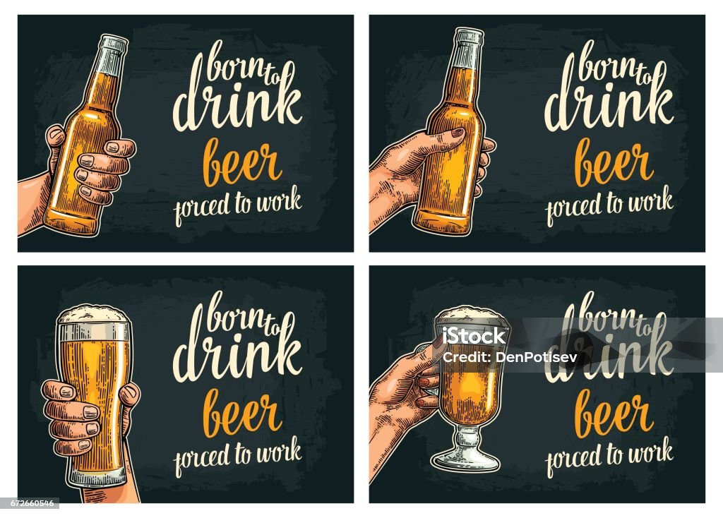 Female and male hands holding beer bottles and glass. Female and male hands holding open beer bottles and glass. Born to drink beer forced to work lettering. Vintage vector color engraving illustration for poster, invitation. Isolated on dark background Beer Glass stock vector