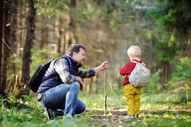 istock Father and his son walking during the hiking activities in forest 672685130