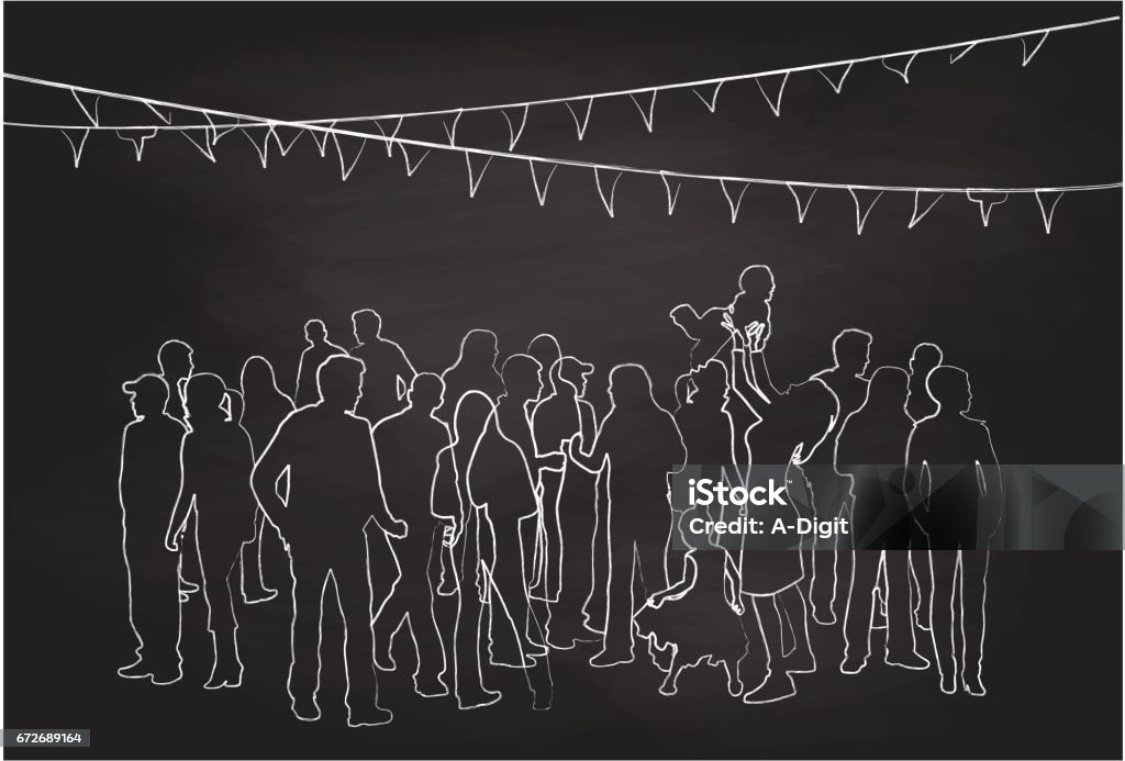 Family Gathering Party A chalk outline vector silhouette illustration of a family reunion with young adults, parents, children, under steamers. Street Party stock vector