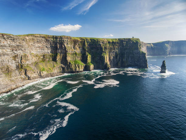 attrazione turistica della campagna aerea irlandese nella contea di clare. le scogliere di moher e burren ireland. epic irish landscape seascape lungo la selvaggia via atlantica. splendida natura scenica irlanda - republic of ireland cliffs of moher cliff sunset foto e immagini stock