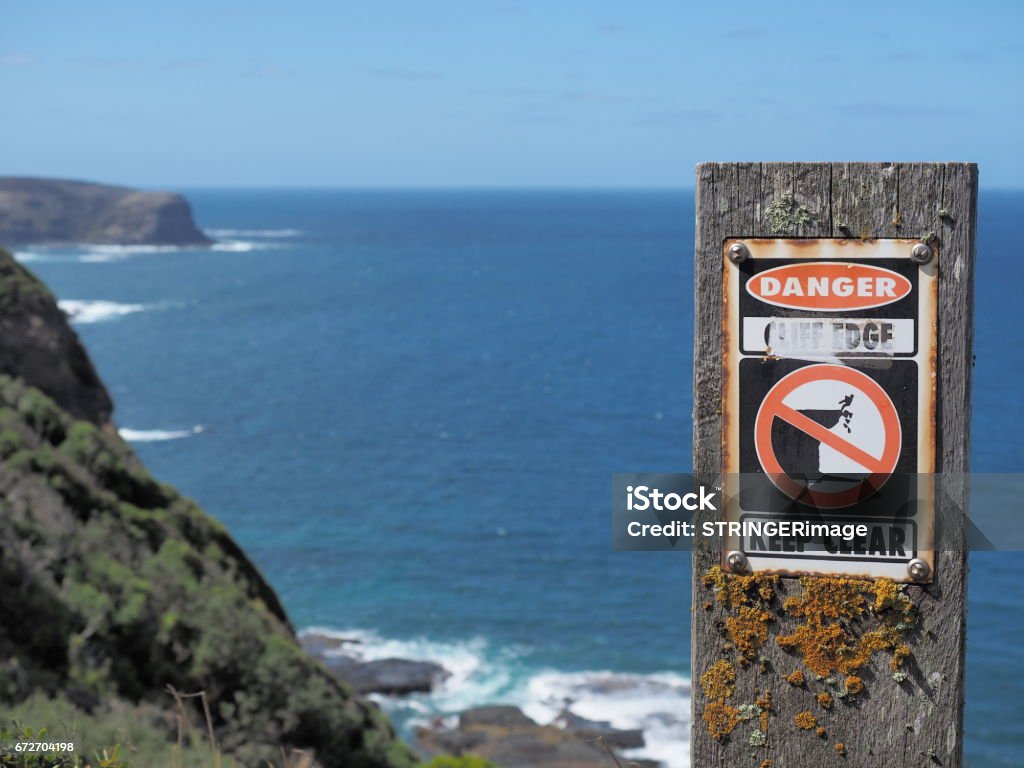 Warning sign at cliffs near Cape Schanck, Australia 2017 Forest Fire Stock Photo
