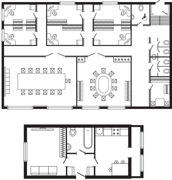 近代的なオフィス建築計画インテリア家具と建設設計描画プロジェクト - house diagram点のイラスト素材／クリップアート素材／マンガ素材／アイコン素材