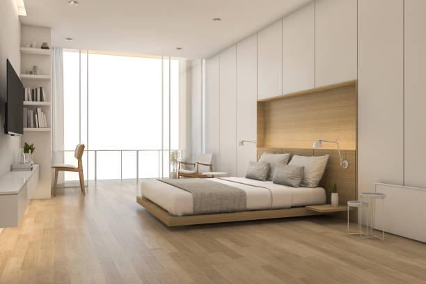 3d rendering wood minimal style bedroom with view from window stock photo
