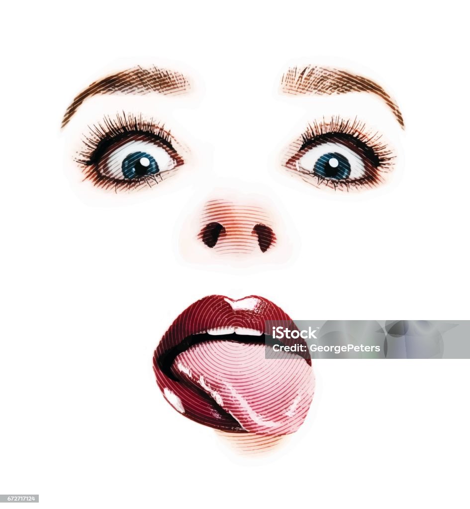 High key woman's eyes, lips and tongue out making funny face. Eye stock vector