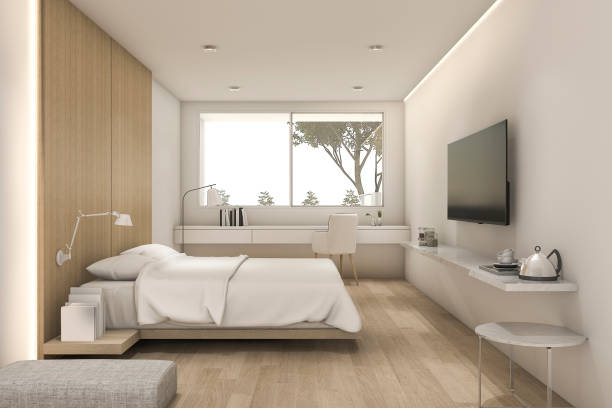 3d renderowania ładne minimalne sypialnia z tv i puf - loft apartment window indoors domestic room zdjęcia i obrazy z banku zdjęć