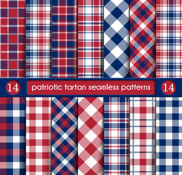 patriotische tartan-set von weiß, blau, rot, nahtlose muster - blue gingham stock-grafiken, -clipart, -cartoons und -symbole