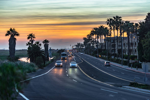 Coast streets of Huntington Beach, Ca by the wetlands at sunset huntington beach california stock pictures, royalty-free photos & images