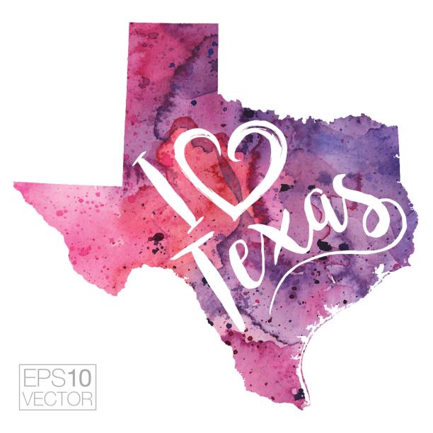 I Heart Texas Vector Watercolor Map A highly detailed vector map of the US State of Texas with a multicoloured, pink and purple hand painted watercolour texture. Map is isolated on a white background. "I Heart Texas" stylized text is added overtop. heart of texas stock illustrations