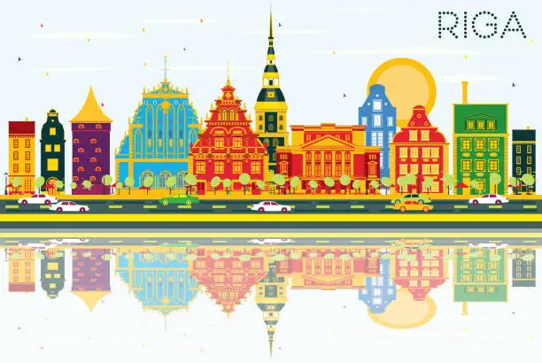 Vector illustration of Riga Skyline with Color Buildings, Blue Sky and Reflections.