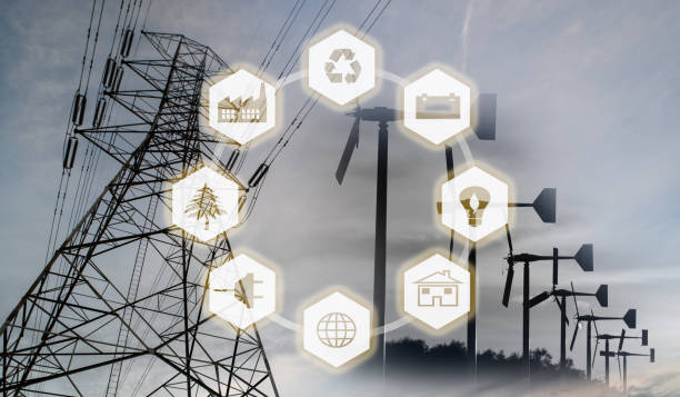 istock Renewable energy concept image : High Voltage Electricity Pole and Wind Turbine field on double exposure technique. 672741818