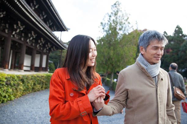 istock Japanese couple taking selfie at temple 672744164