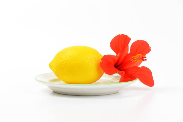 ripe lemon with red hibiscus bloom on white plate