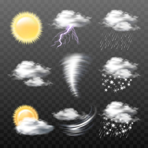 illustrazioni stock, clip art, cartoni animati e icone di tendenza di set di icone meteorologiche realistiche vettoriali isolate su sfondo trasparente - sun weather symbol computer icon