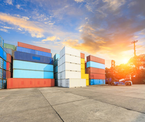 istock Industrial port container terminal at sunset 672754158