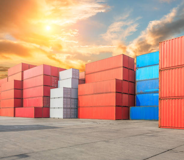 istock Industrial port container terminal at sunset 672754160