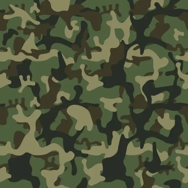 Vector illustration of Camouflage pattern background seamless vector illustration. Classic clothing style masking camo repeat print. Green brown black olive colors forest texture.