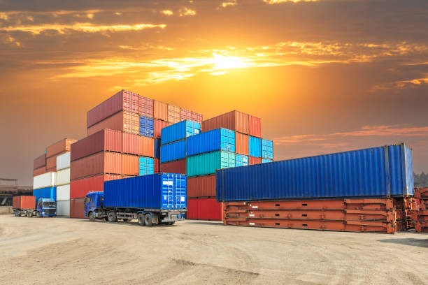 istock Industrial port container terminal at sunset 672757402