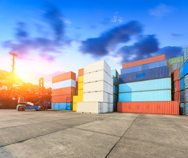 istock Industrial port container terminal at sunset 672757726