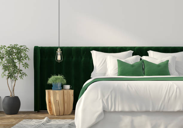 trendy interior with green bed and wooden table - showcase interior inside of domestic room indoors imagens e fotografias de stock