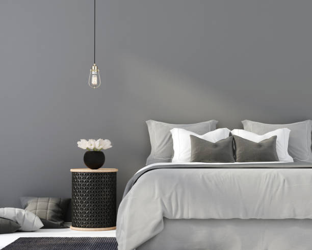 istock Gray bedroom with a wooden table 672758118