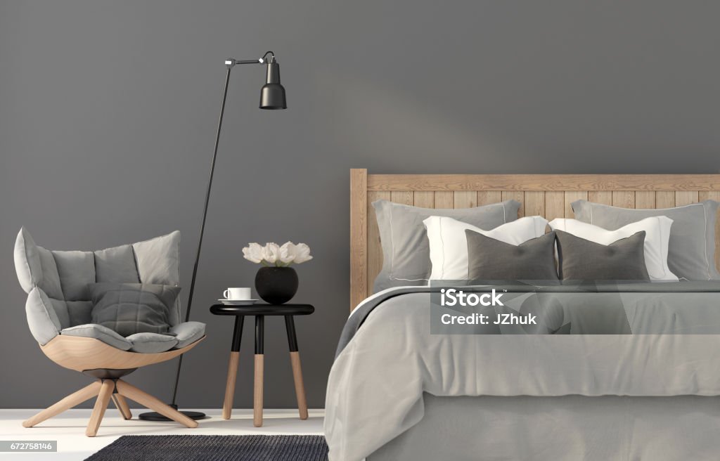 Gray bedroom with a wooden bed 3D illustration. The interior of gray bedroom with a wooden chair and a bed Bedroom Stock Photo