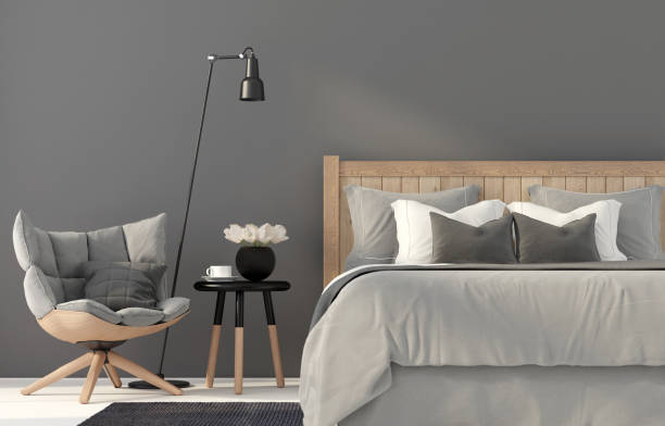 Gray bedroom with a wooden bed 3D illustration. The interior of gray bedroom with a wooden chair and a bed carpet cushion stock pictures, royalty-free photos & images