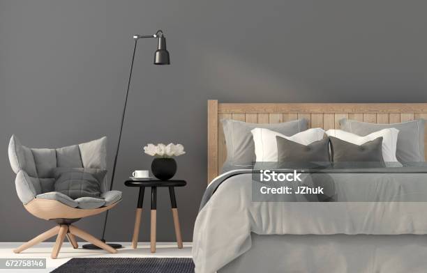 Gray Bedroom With A Wooden Bed Stock Photo - Download Image Now - Bedroom, Gray Color, Home Showcase Interior