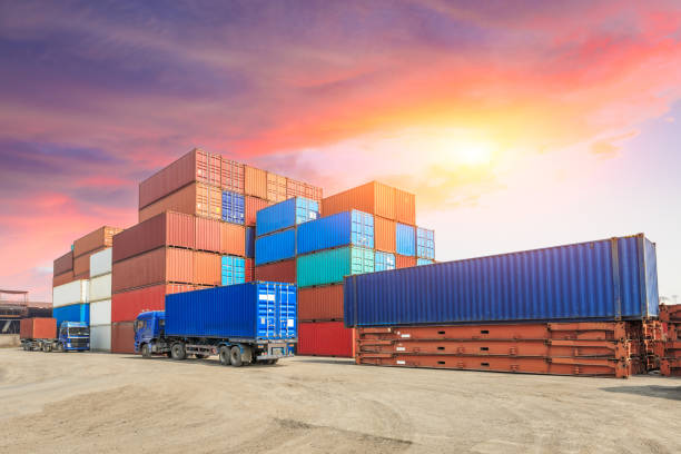 istock Industrial port container terminal at sunset 672758260