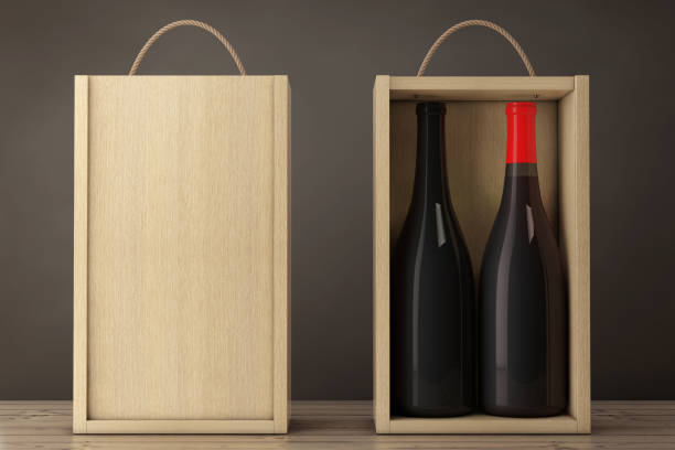 wine bottles in blank wooden wine pack with handle. 3d rendering - wine wine bottle box crate imagens e fotografias de stock