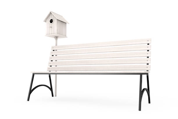 Street Bench with Wooden Birdhouse on a white background. 3d Rendering.