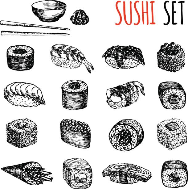 ilustrações de stock, clip art, desenhos animados e ícones de sushi and rolls hand drawn illustration. sketches japanese food - japanese cuisine temaki sashimi sushi