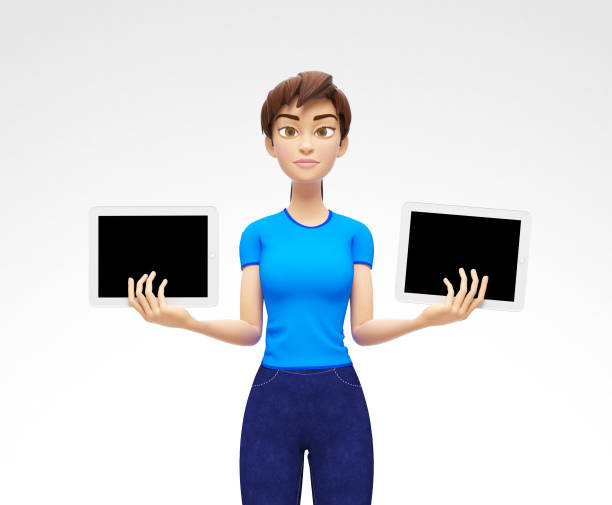 ilustrações de stock, clip art, desenhos animados e ícones de two tablet device mockups with blank screens held by serious jenny - 3d cartoon female character in casual clothes background - young women computer digital tablet white background
