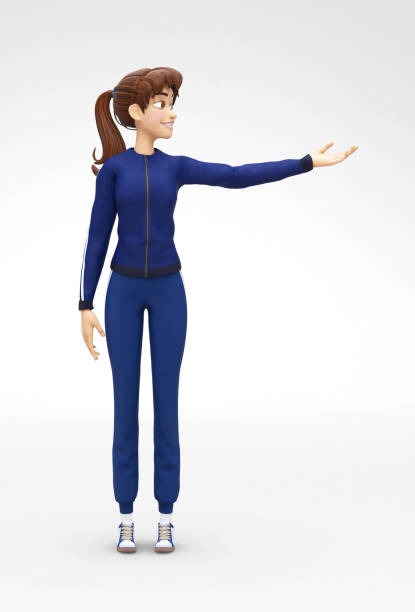 ilustrações de stock, clip art, desenhos animados e ícones de smiling, successful jenny - 3d cartoon female character sports model - presents product or service with smile, in athletic gym sweat suit - mannequin human hand white white background