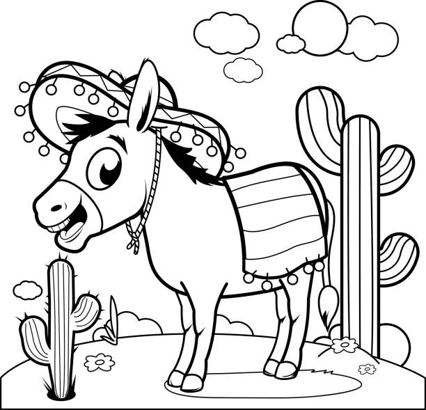 Mexican donkey in the desert. Black and white coloring book page Vector illustration of a cartoon Mexican donkey wearing a sombrero in the desert. Coloring book page. mexican mule stock illustrations