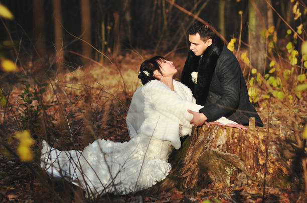 wedding couple on wood at autumn cold and sunny day - silhouette kissing park sunset imagens e fotografias de stock