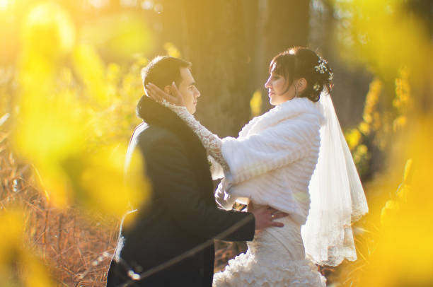 wedding couple on majestic yellow leaves wood on sunlights - silhouette kissing park sunset imagens e fotografias de stock