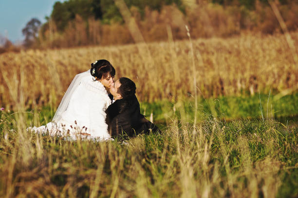 wedding couple at the field sitting on grass - silhouette kissing park sunset imagens e fotografias de stock